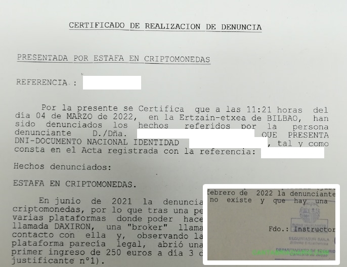 Arrecian las denuncias por estafas con criptomonedas y chiringuitos financieros En la imagen una denuncia presentada en Bilbao contra el chiringuito Daxiron